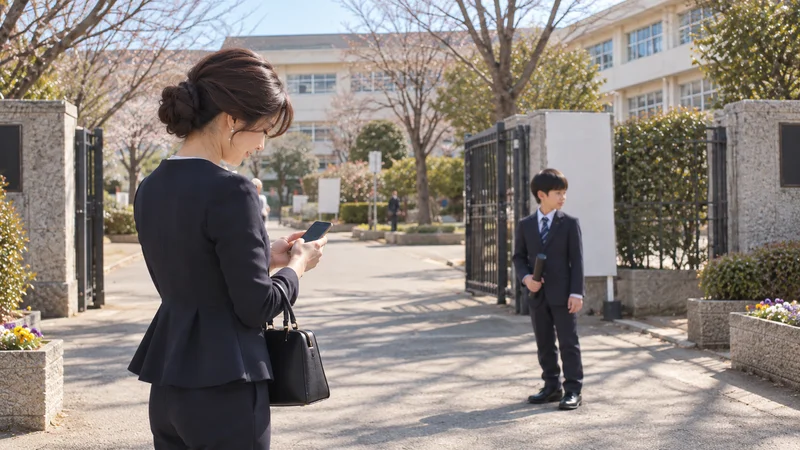 卒業式の記念撮影を終え、校門の前で撮った写真をスマホで確認するネイビーのペプラムパンツスーツ姿の母親と、卒業証書の筒を持って立つ小学6年生の男の子