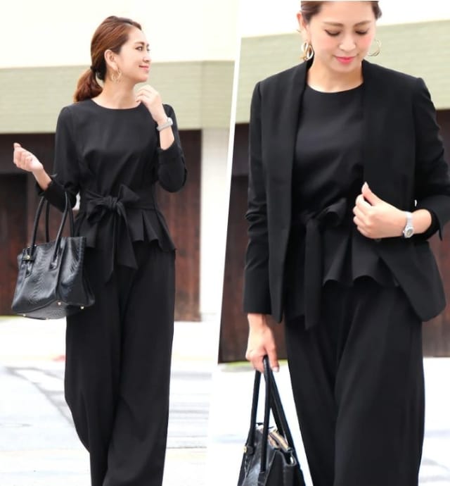 ウエストリボンデザインのブラックフォーマルセットアップ