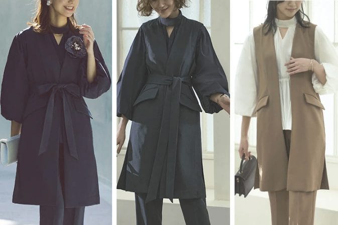 黒パンツスーツのジレやロング丈など着こなしバリエーション