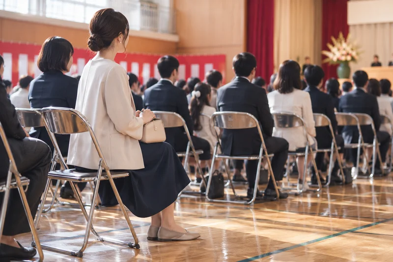 入学式の体育館でミモレ丈のネイビーワンピースを着て保護者席に座る母親