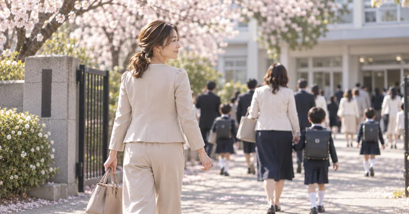 桜の下、入学式に向かって親子連れと一緒に校門へ歩くベージュのパンツスーツ姿の女性の後ろ姿