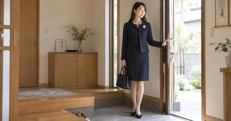 玄関でパンプスを履きバッグを持って出かける女性