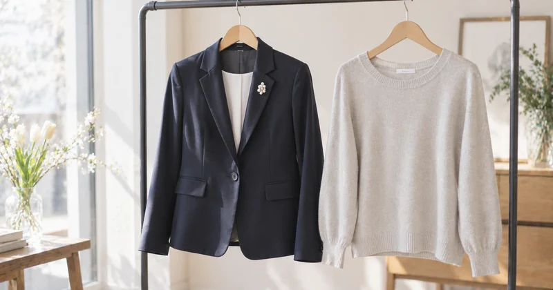 ネイビーのテーラードジャケットとカジュアルなニットを並べた比較、卒園式・卒業式で避けたい服装素材