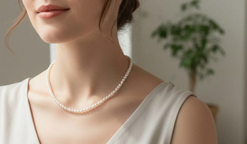 フォーマルなパールネックレスの着用イメージ 首元アップ