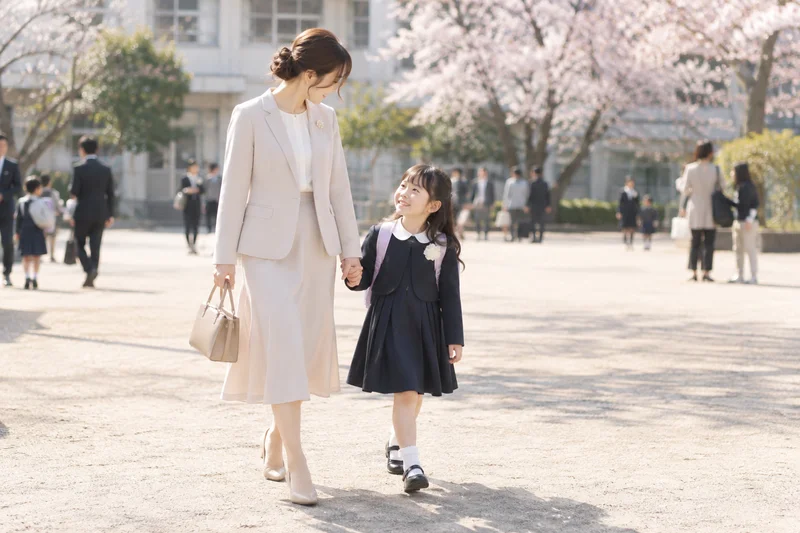 入学式でベージュのスーツにベージュのパンプスを合わせたママ