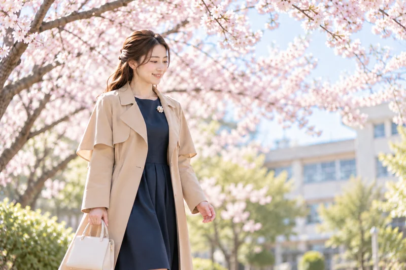 桜並木をスプリングコートで歩く入学式のママ