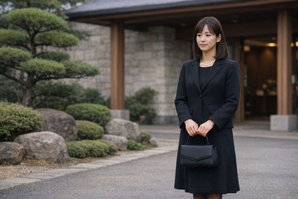 30代女性が黒のアンサンブル喪服を着て葬儀会館の前に立つ上品なフォーマルスタイル｜パールネックレスと黒バッグを合わせた喪服コーデ