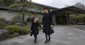 黒のフォーマルスーツを着た30代ママと子どもが手をつないで葬儀会館前を歩く様子