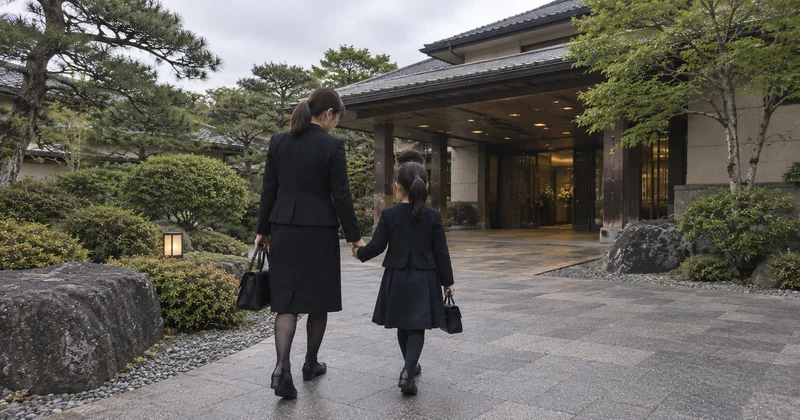 黒のフォーマルスーツを着た30代ママと子どもが手をつないで葬儀会館へ向かう後ろ姿