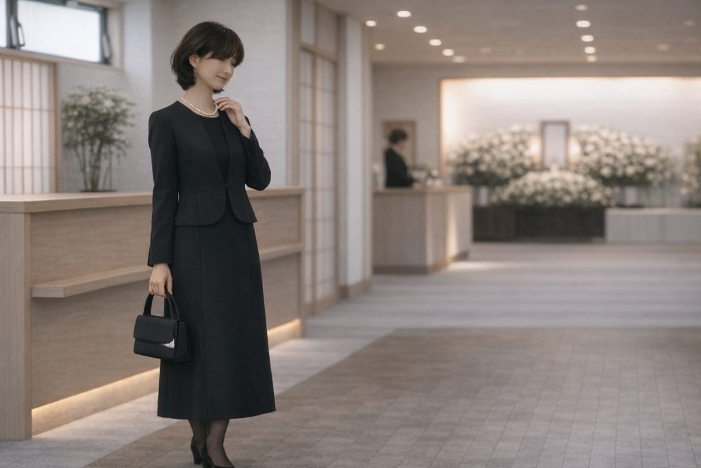 40代女性が黒のワンピースアンサンブル喪服を着て葬儀会場に立つ上品なフォーマルスタイル｜パールネックレスと黒バッグを合わせた喪服コーデ