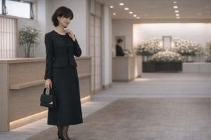 40代女性が黒のワンピースアンサンブル喪服を着て葬儀会場に立つ上品なフォーマルスタイル｜パールネックレスと黒バッグを合わせた喪服コーデ