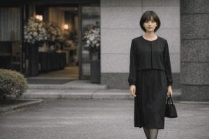 ナチュラルなアンサンブル風喪服ワンピースを着た女性｜葬儀場の前に立つ黒フォーマルスタイル
