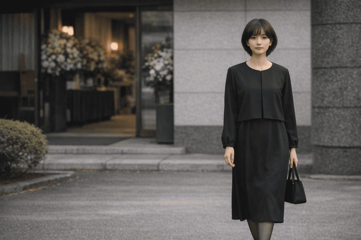 ナチュラルなアンサンブル風喪服ワンピースを着た女性｜葬儀場の前に立つ黒フォーマルスタイル