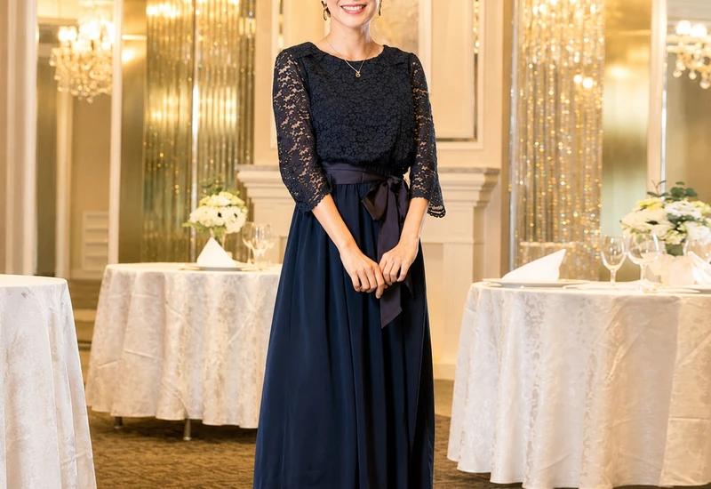 結婚式会場でネイビーのレース袖フォーマルワンピースを着た30代女性