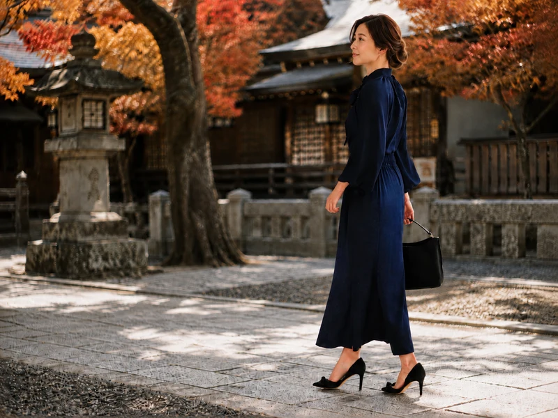 紅葉の中を歩く紺色ワンピース姿のママ|秋のお宮参りコーデ