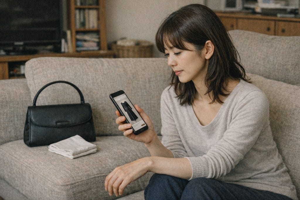 自宅のソファでスマートフォンを使って喪服をAmazonで選ぶ30代女性｜黒のフォーマルバッグと白いハンカチを隣に置いたネット通販イメージ