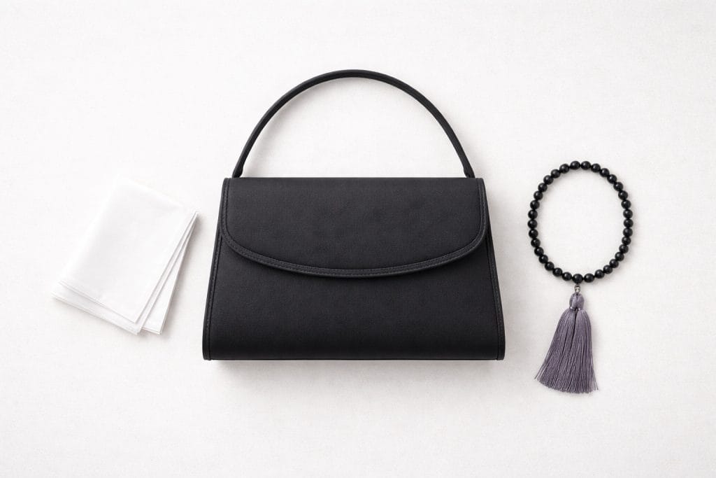 お葬式用の黒いフォーマルハンドバッグを中央に置いた平置き写真｜白ハンカチと数珠を添えた喪服小物セット