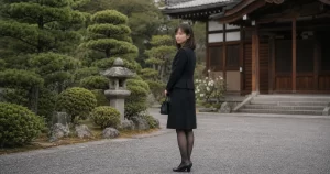 和風庭園と本堂を背景に佇む喪服姿の女性｜家族葬のイメージ