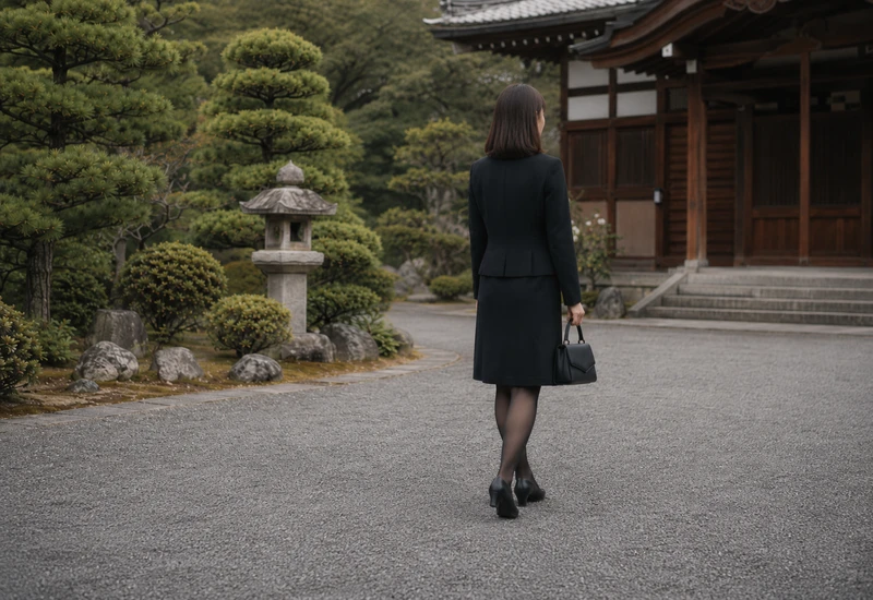和風の会館へ向かう喪服姿の女性の後ろ姿｜家族葬のイメージ
