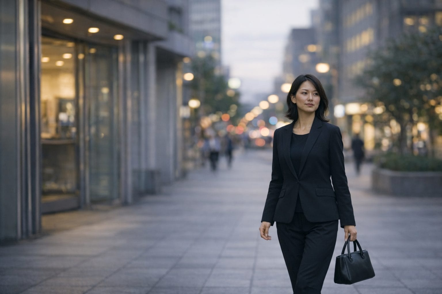 仕事帰りにそのままお通夜へ参列できる黒スーツ姿の女性｜夕方の街並みを歩く落ち着いた装い