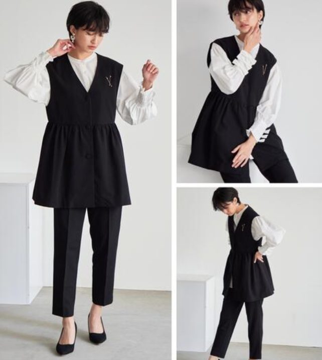 ギャザー切り替えデザインの黒ジレスーツ。柔らかい印象のフォーマルコーデでママにも人気。