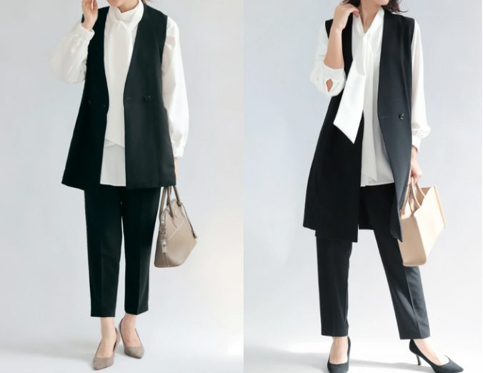 黒のジレセットアップを使ったママ向けフォーマルコーデ。ボウタイブラウスと合わせて上品に。