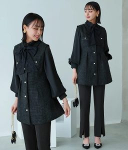 授乳期ママにおすすめのRUIRUE BOUTIQUEジレスーツ。黒のツイード素材でお宮参りやセレモニーにぴったり。