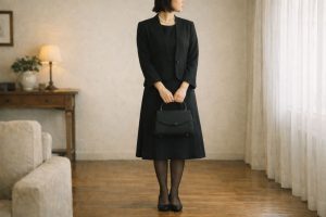 洋服の青山のレディース喪服を着た女性のコーディネート全身