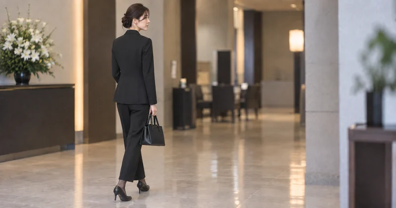 喪服のパンツスーツを着た30代女性の後ろ姿