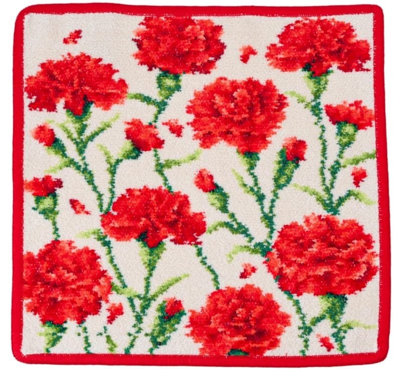 赤いカーネーション柄のフェイラーシェニール織ハンカチ