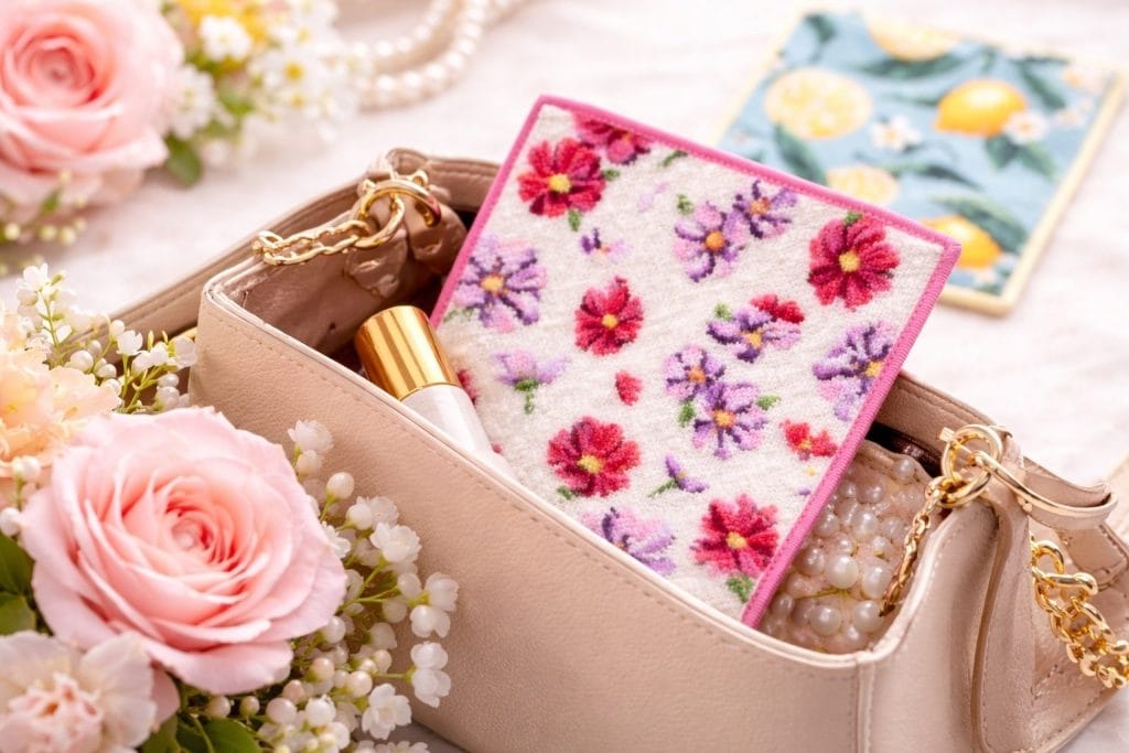 バッグに入ったフェイラーの花柄ハンカチ